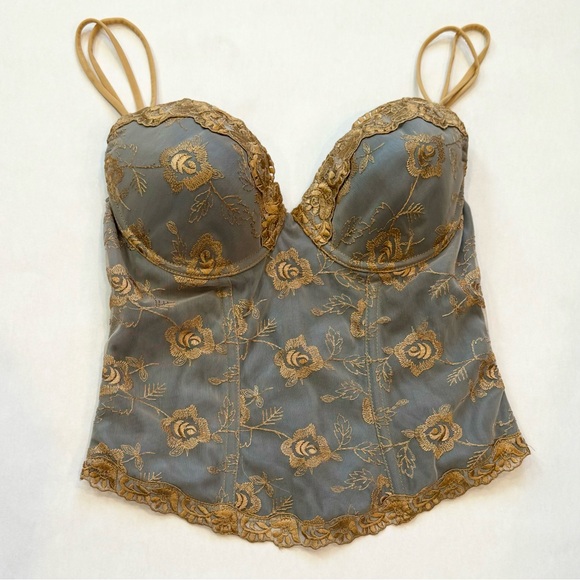 90s Victoria’s Secret Gold Embroidered Blue Gray Vintage Corset Bustier Top 36C🔥 - Picture 6 of 11